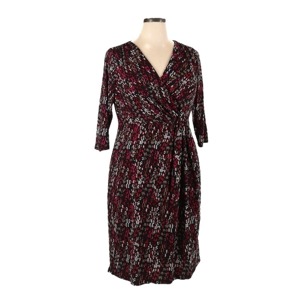 Coldwater Creek Midi Dress 12 Black Multicolor Abstract Stretchy Twist Front